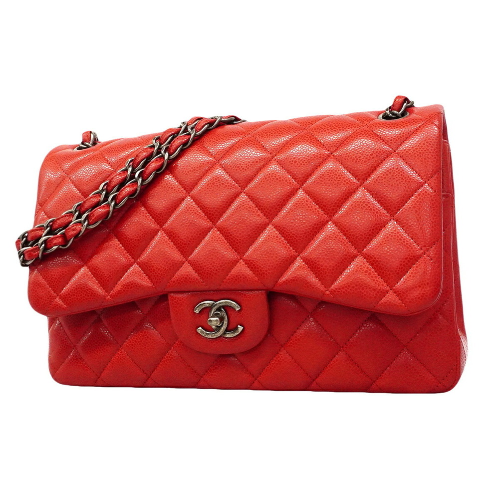 Chanel Shoulder Bag, Large Matelassé, Double Flap, Chain, Caviar Leather, Red...